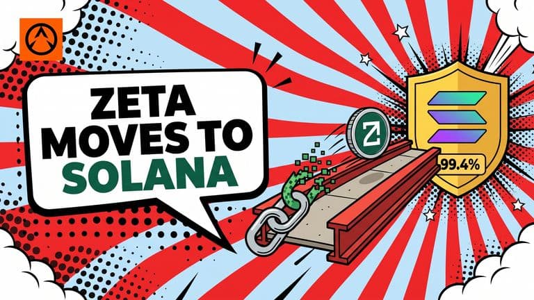 Pop-art cover showing a chain link on the left breaking apart, a ZETA coin crossing a bridge to the right toward a Solana badge, with a speech bubble reading ZETA MOVES TO SOLANA.