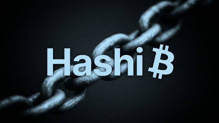 The word Hashi and the Bitcoin symbol in pale blue, side by side over a blurred heavy anchor chain on a dark background.