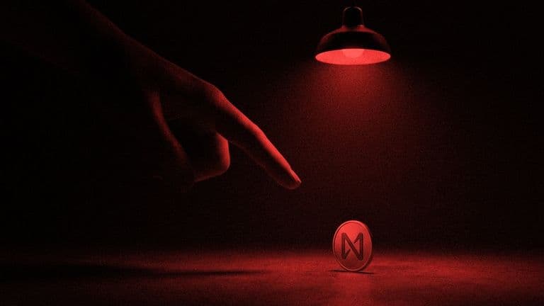 A giant hand reaches out of the darkness and points at a small coin bearing the NEAR mark, which stands alone under a single lamp.