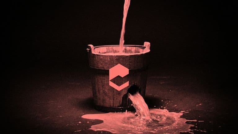 A wooden bucket with a large hole in its base as a stream pours in from above and gushes straight back out onto the floor, leaving only a little inside.