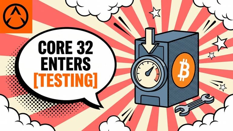 A Bitcoin-marked node computer sits beside a wrench, with a downward-adjusting dial and a speech bubble reading CORE 32 ENTERS TESTING.