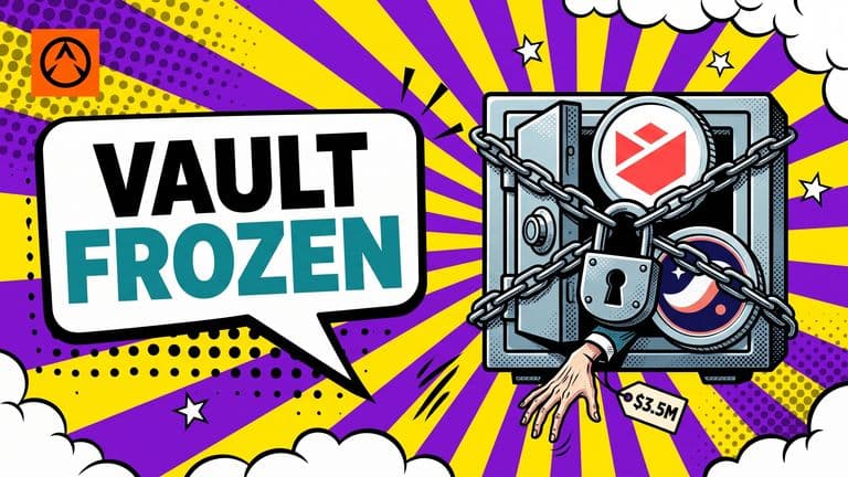Pop-art comic cover of a chained, padlocked vault holding two coins marked Nostra and Starknet, while a thin hand slips out carrying a price tag labelled $3.5M.