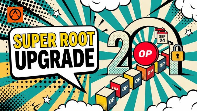 Pop-art comic illustration of the Optimism logo perched on a stack of OP-branded blocks beneath a large numeral 20 arch, with a calendar badge reading Sep 24 to the right, next to a speech bubble that says Super Root Upgrade.