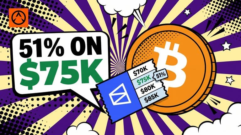 Pop-art comic cover of a Bitcoin coin with a Polymarket prediction ticket showing a 51% bet on a $75,000 price.