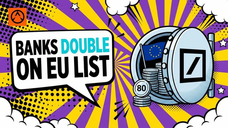 A pop-art comic illustration of a half-open bank vault with the Deutsche Bank mark on it, revealing crypto coins and a small EU flag inside.