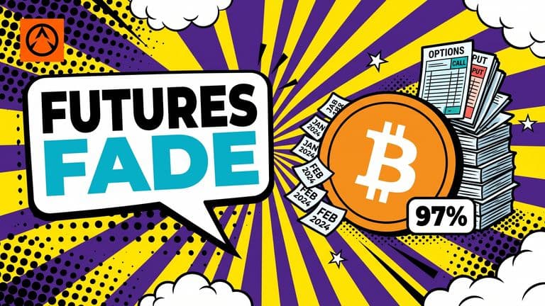 Pop-art comic cover showing a Bitcoin coin with an options position stack rising on one side while dated futures contracts shrink and fall away, with a 97% badge.