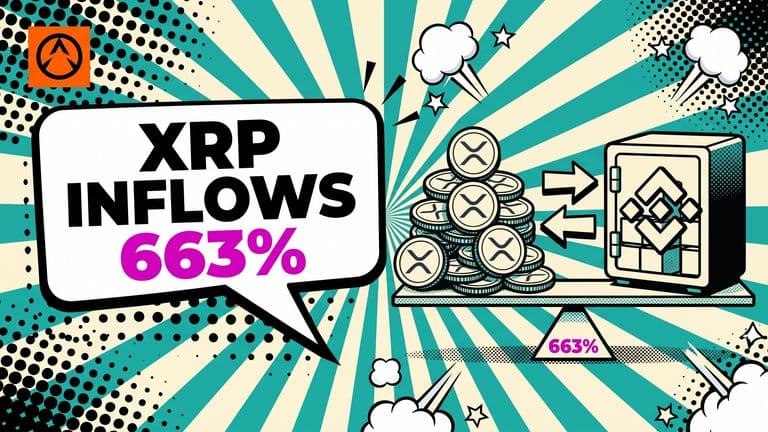 Pop-art comic illustration of XRP coins flowing into a Binance token vault through two counter-balanced arrows, with the vault resting on a flat scale to show that reserves barely moved despite the surge.