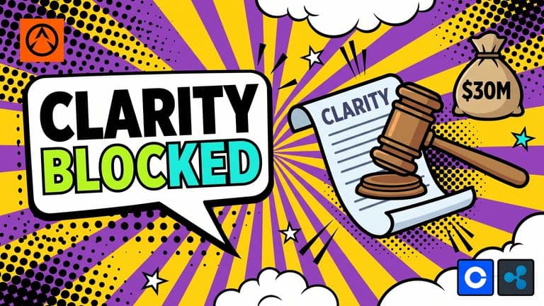 Pop-art comic illustration of a large gavel striking a rolled CLARITY bill at center-right, a money bag labeled FAIR behind it, and Coinbase and Ripple logo badges at the lower right, beside a speech bubble reading CLARITY BLOCKED.