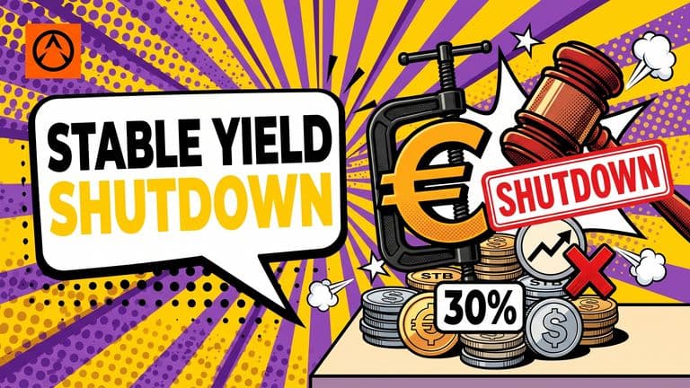 Pop-art illustration of a euro symbol locking down a stack of stablecoin coins, with a gavel and a red ban stamp over a yield badge.