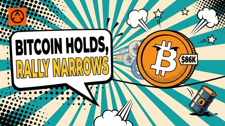 A pop-art comic cover showing a large Bitcoin coin balanced on a thin tightrope line with a small oil barrel slipping below it on the right, set against a radiating sunburst background, capturing Bitcoin holding its price while the rally behind it thins out.