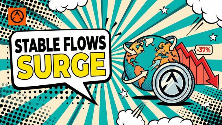 Pop-art comic cover of a globe circled by payment arrows, a marked stablecoin coin in front, and a falling chart behind, illustrating rising cross-border stablecoin flows against a falling crypto market.