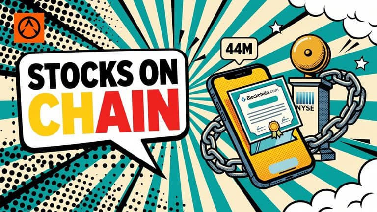 A pop-art comic cover of a smartphone showing a tokenized stock certificate, framed by the NYSE trading bell podium and a heavy chain link, with the Blockchain.com wordmark on the phone screen.