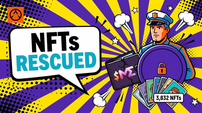 Pop-art illustration of a whitehat figure holding a shield over a stack of NFTs, protecting a cracked wallet bearing the Magic Eden logo.