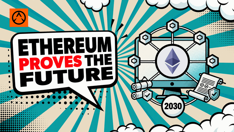 A pop-art Ethereum computer verifies compact proofs while connected nodes handle transactions and a shield represents privacy.