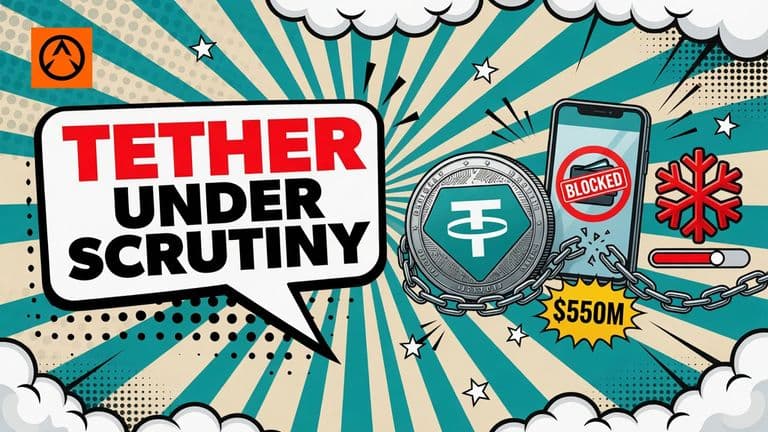 A pop-art illustration shows a Senate report confronting a Tether coin and a digital wallet caught in a broken freezing chain.