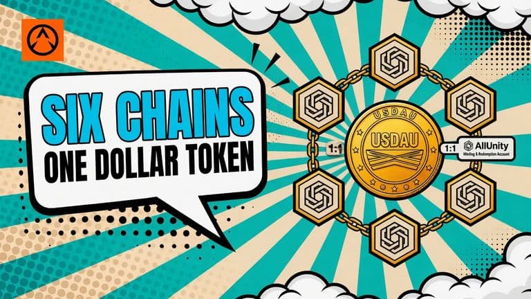 A comic cover shows the USDAU stablecoin connected through a business minting and redemption account to six named blockchain marks.
