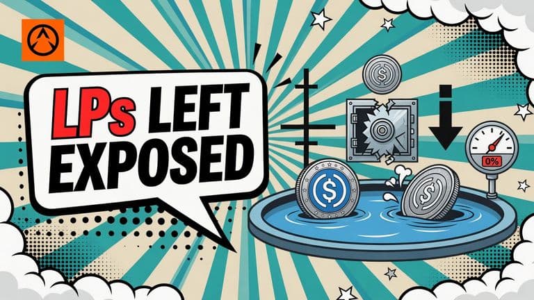 A comic cover shows a Uniswap stablecoin pool with USDC and a sinking stablecoin, a fixed reference marker, and an LP position exposed as the fee gauge reaches zero.