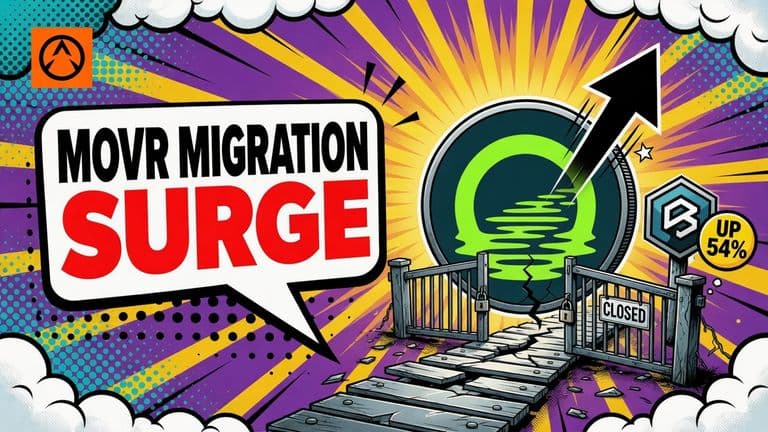 A comic Moonriver coin rises beside a closed claims gate and a broken migration bridge, with a badge showing a 54% increase.