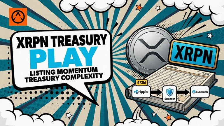 A pop-art illustration shows an XRP coin, an XRPN Nasdaq listing badge, and connected treasury contributions inside a speech-bubble cover.
