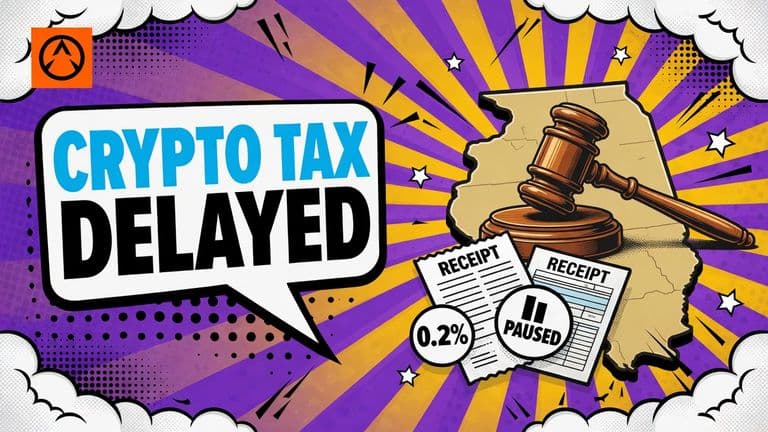 A pop-art legal scene shows an Illinois outline beside a gavel, a crypto transaction receipt, and a paused tax document, with a speech bubble announcing the delayed crypto tax.