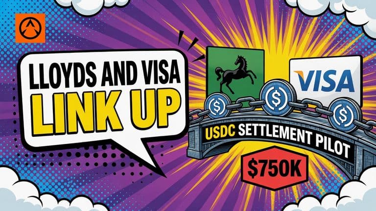 A comic illustration shows Lloyds and Visa connected by a blockchain bridge carrying USDC value, with a badge showing that $750K was settled.