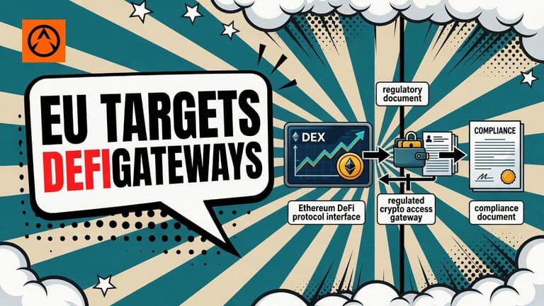 A pop-art illustration shows a wallet connecting through a regulated gateway to an Ethereum DeFi protocol, with a document above the connection and a speech bubble announcing EU scrutiny of DeFi gateways.