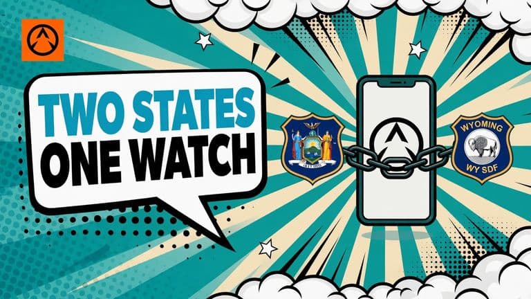 A pop-art crypto company is shown between connected New York and Wyoming oversight symbols, representing coordinated regulation.
