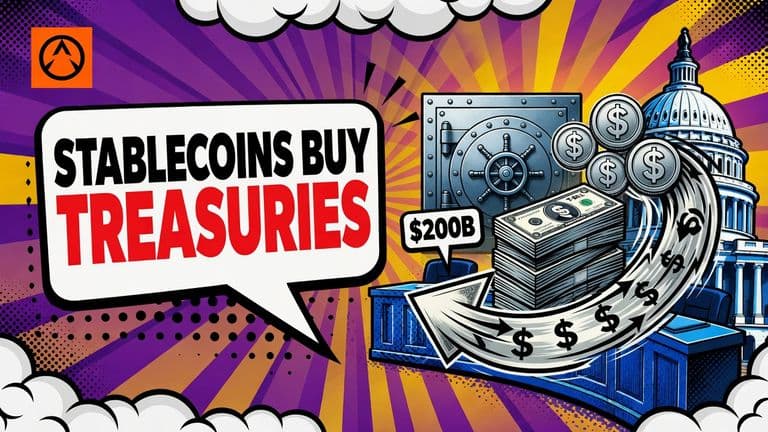 A pop-art illustration shows stablecoin coins sending value into a growing stack of US Treasury bills.