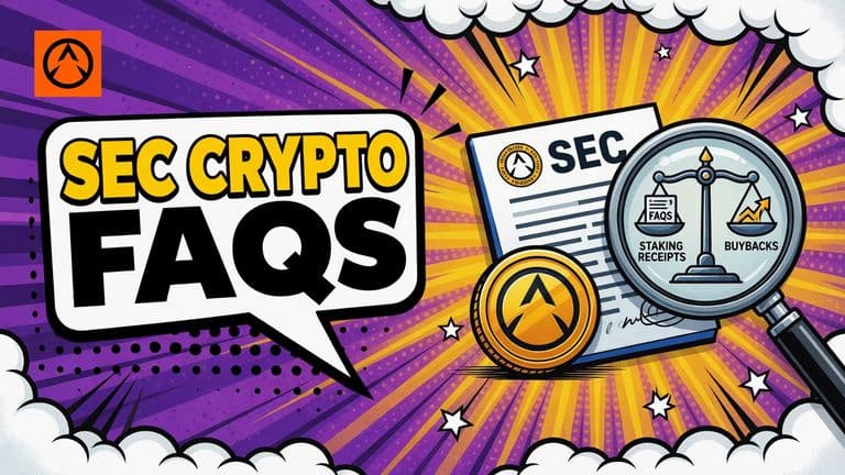 A pop-art illustration shows an SEC document beside a crypto token and regulatory symbols, representing the SEC staff’s nonbinding crypto asset FAQs.