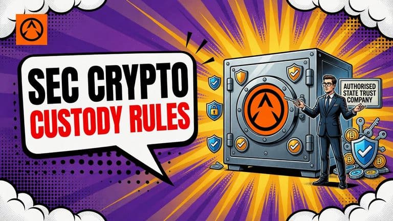 A comic illustration shows the SEC mark on a protected crypto vault held by an investment adviser, with a state trust company as an alternative custodian and a public comment notice.