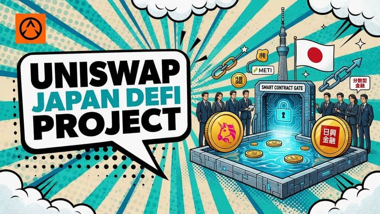 A pop-art illustration shows a Uniswap liquidity pool behind a smart-contract access gate, with the real Uniswap and SMBC Nikko Securities marks and symbols of Japan and institutional finance.