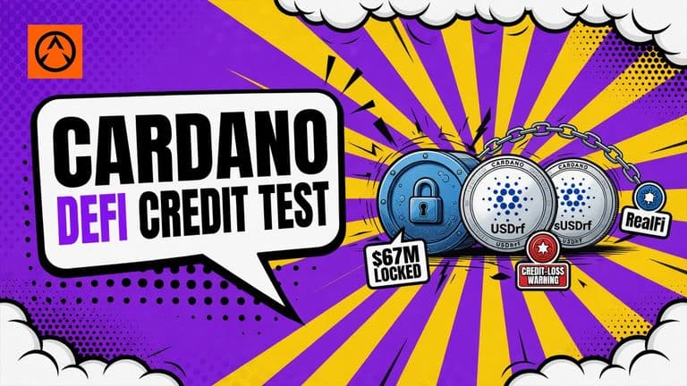 A pop-art illustration shows a shrinking Cardano DeFi vault beside USDrf and sUSDrf credit tokens, with a small $67M locked figure and a warning that credit and liquidity risks remain.