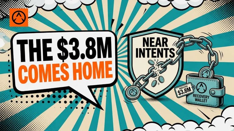 A comic illustration shows $3.8 million in coins returning through a connected cross-chain system to a secured NEAR Intents recovery wallet after one link broke.