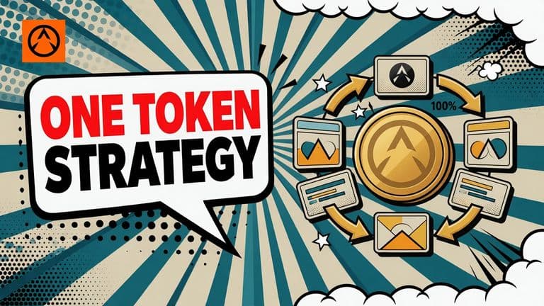 A comic-style illustration shows one token linked to a grouped BlackRock and Ondo portfolio, with cards for tokenized stocks and ETFs moving through smart-contract and rebalancing arrows.