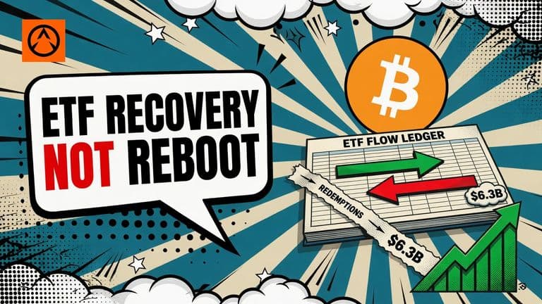 A comic Bitcoin ETF ledger shows a large Q3 inflow repairing earlier redemptions while the full-year total remains close to flat.