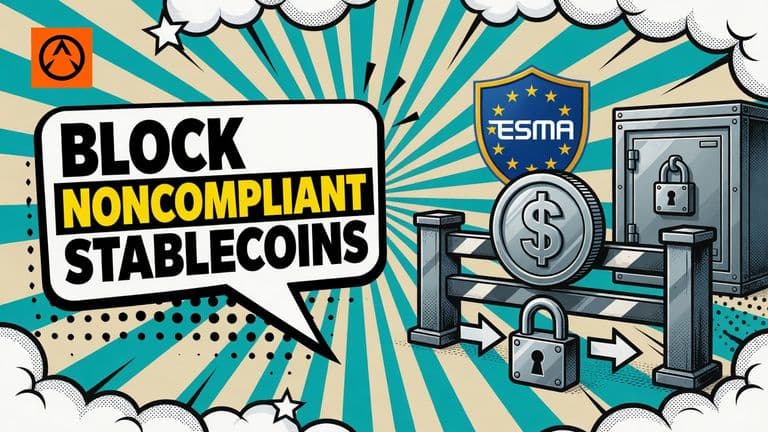 An ESMA emblem sits above a barrier blocking a generic stablecoin from a licensed custody and transfer service.