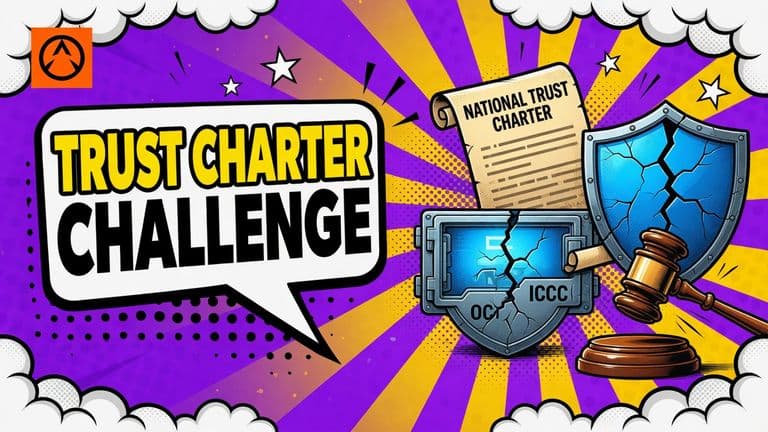 A pop-art courtroom illustration shows the ICBA and OCC marks in conflict over a national trust charter and the digital asset protections attached to it.