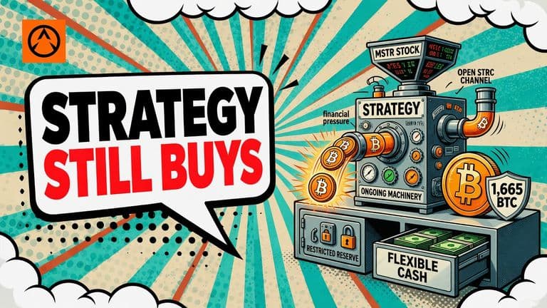 A pop-art funding machine marked with Strategy's real logo channels stock and preferred-share financing toward a Bitcoin coin, while separate cash compartments show restricted and flexible funds.