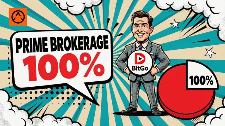 A pop art illustration of BitGo CEO Mike Belshe standing next to a pie chart that is fully filled with a prime brokerage slice