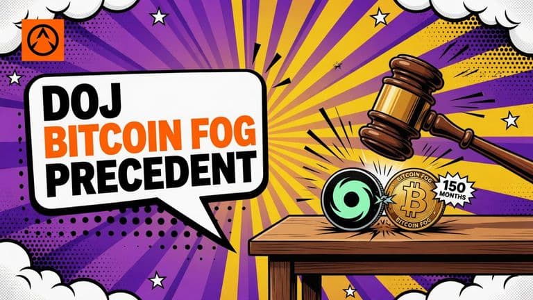 A comic-style illustration of a judge's gavel striking down, with a Bitcoin Fog coin on one side and a Tornado Cash coin on the other