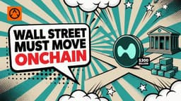 A comic style illustration of a crossroads with a bank building on one path and blockchain blocks on the other. A coin rests at the fork. A speech bubble sits on the left.