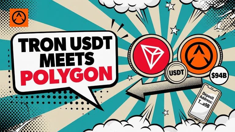 A comic-style illustration of a TRON coin and a Polygon coin joined by one arrow carrying a small USDT coin, with a phone showing a deposit address and a speech bubble headline.