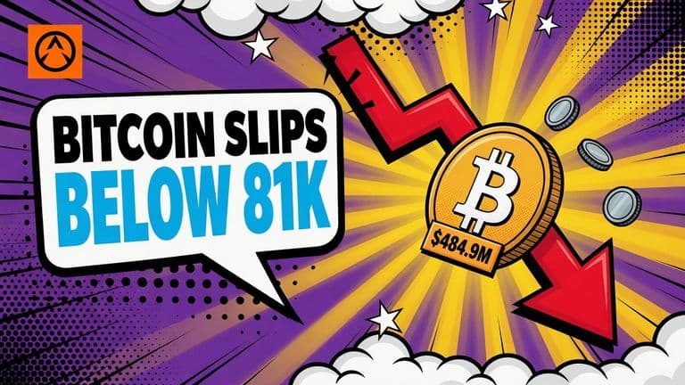 A comic illustration of a large Bitcoin coin slipping down a red arrow while smaller tokens spill away from it, beside a speech bubble reading BITCOIN SLIPS BELOW 81K.
