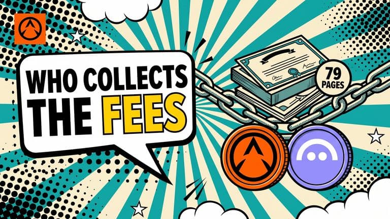 A comic-style illustration of a stack of tokenized assets sitting on a heavy chain, with two coins marked Circle and Aave below it and a speech bubble reading WHO COLLECTS THE FEES.