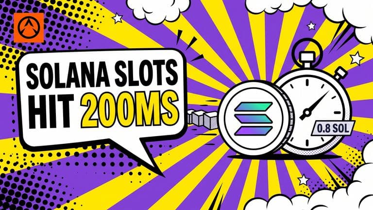 A comic-style Solana coin beside a large stopwatch with its hand sweeping toward a faster time, with a row of block cubes behind them and a speech bubble carrying the headline.