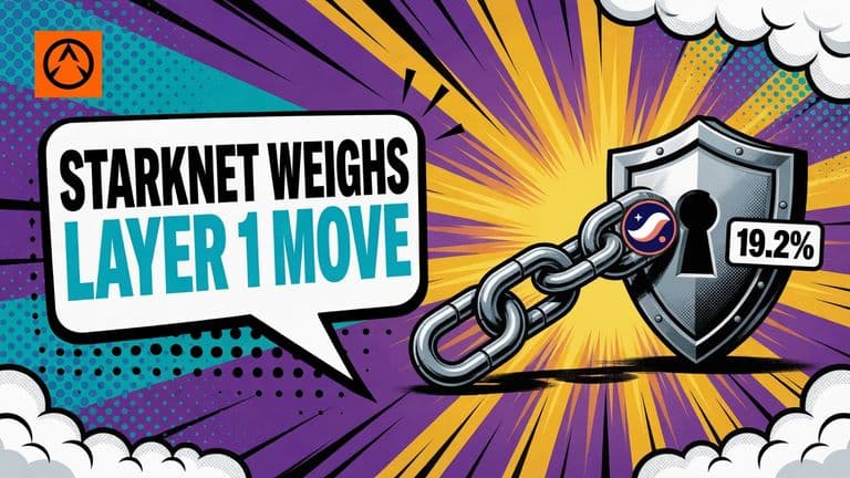 A comic-style illustration of a Starknet chain link being pulled free of a longer chain beside a padlocked shield, with a speech bubble reading STARKNET WEIGHS LAYER 1 MOVE.