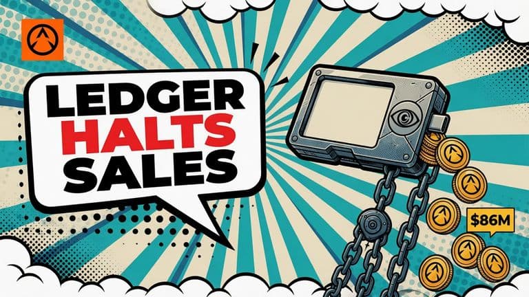 A comic-style Ledger wallet with its real logo on the case, coins spilling from its port down into a row of linked chain blocks, beside a speech bubble reading LEDGER HALTS SALES and a badge reading $86M.