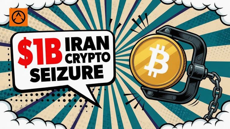 A comic-style illustration of a large gold coin marked with the Bitcoin logo held between the jaws of a black mechanical clamp, with a white speech bubble on the left.