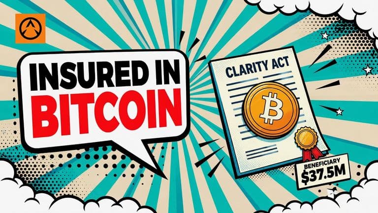 A comic-style illustration of a life insurance policy document with a seal, a large bitcoin coin resting on it and a small beneficiary tag on the corner.