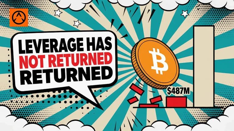 A pop-art comic cover showing a large Bitcoin coin sliding downward with a few small red bars falling from it, next to a tall empty chart column, with the headline Leverage Has Not Returned in a speech bubble.